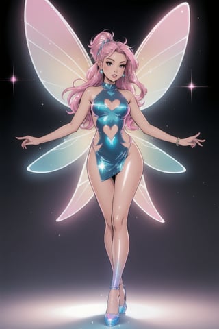 a woman fairy, asymmetric perfect fairy wings, perfect face, blank background, highly detailed, full body, holographic sexy cut out dress, glitter, shine, sparkling holographic pink, long hair, comic style
