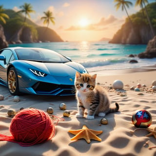 ((ultra realistic photo))  a cute little Kitty playing with marvel character wonderwoman, little ball of yarn ON A PLAID, IN FRONT OF lamborghini supercar, LOVELY WELL-ARRANGED CAMPING ENVIROMENT (art, DETAILED textures, pure perfection, hIgh definition), detailed beach around , tiny delicate sea-shell, little delicate starfish, sea ,(very detailed TROPICAL hawaiian BAY BACKGROUND, SEA SHORE, PALM TREES, DETAILED LANDSCAPE, COLORFUL) (GOLDEN HOUR LIGHTING), delicate coral, sand piles,LegendDarkFantasy