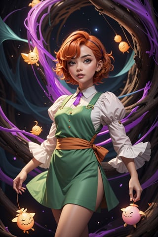 concept art, overhead angle of a Will-o'-the-wisp, wearing Funny Somali Emerald deep orange Pinafore, Caramel hair styled as Short hair, fluorescent purple Hair tie, 