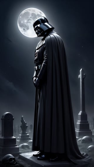 Darth Vader, head down in respect, at grave, sketch, mysterious atmosphere, moonlit night, flowing cloak, subtle lighting, hints of danger, alluring presence, hidden secrets, 16k, HDR, high definitionClrSkt,monochome,