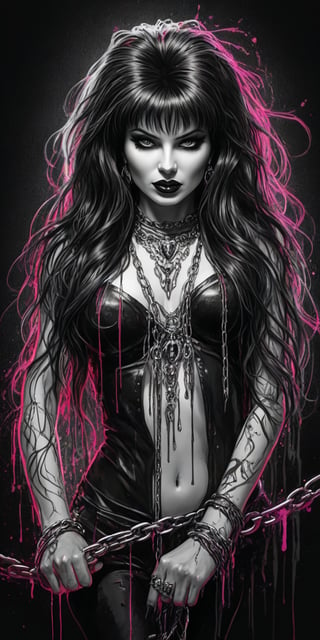 Black and white sketch, realistic, female, Elvira, Mistress of the dark, long flowing hair, chains, splashes of neon colors, neon colors