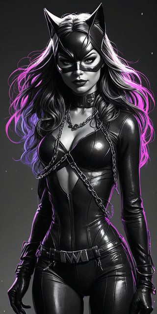 Black and white sketch, realistic, female, catwoman, DC comics, long flowing hair, chains, splashes of neon colors, neon colors