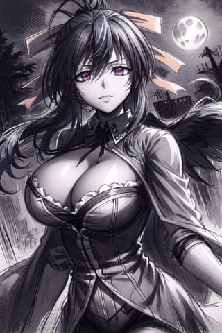 sketch, cleavage, seductive gaze, mysterious atmosphere, dark forest, moonlit night, flowing cloak, enigmatic smile, suggestive sexy pose, subtle lighting, hints of danger, alluring presence, hidden secrets, captivating eyes,ClrSkt,monochome,rias gremory,Akeno,akeno himejima