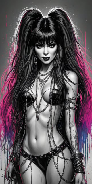 Black and white sketch, realistic, female, Elvira, Mistress of the dark, long flowing hair, chains, (((splashes of color))), neon colors