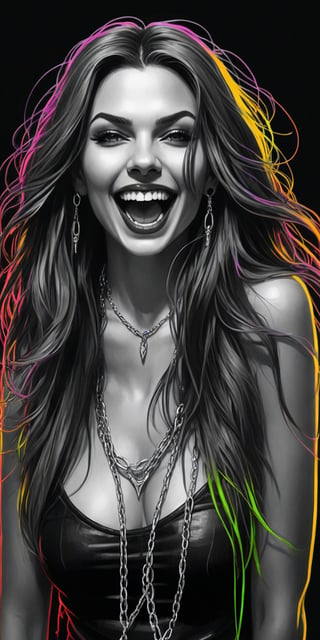 Black and white sketch, realistic, female, Vampire, smile, long point fangs, long flowing hair, chains, splashes of neon colors, neon colors