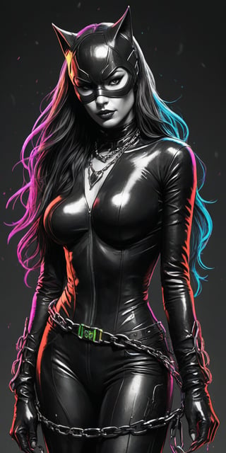 Black and white sketch, realistic, female, catwoman, DC comics, long flowing hair, chains, splashes of neon colors, neon colors