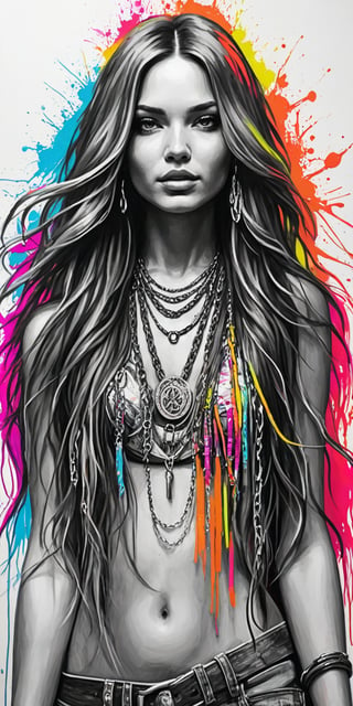 Black and white sketch, realistic, female, Hippie, long flowing hair, chains, splashes of neon colors, neon colors