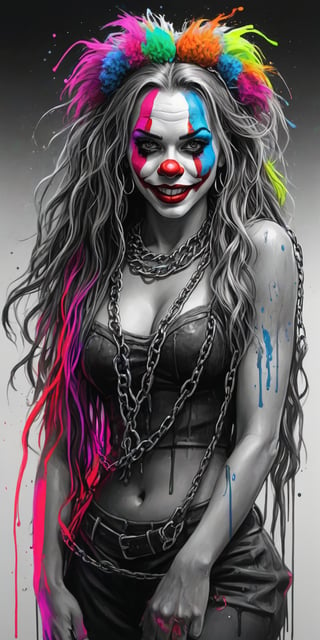 Black and white sketch, realistic, female, Clown, long flowing hair, chains, (((splashes of neon colors))), neon colors