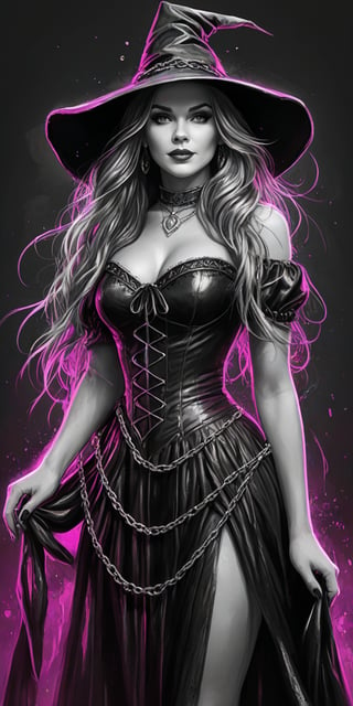 Black and white sketch, realistic, female, Glenda the good Witch, Wizard of Oz, long flowing hair, chains, splashes of neon colors, neon colors