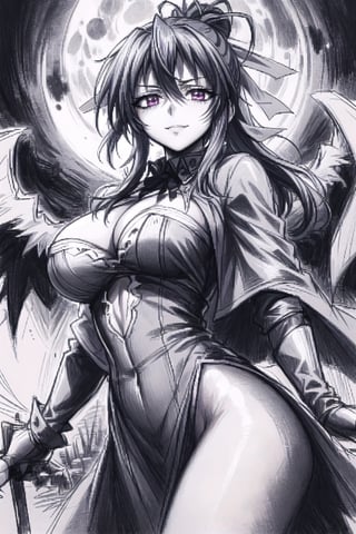 sketch, cleavage, seductive gaze, mysterious atmosphere, dark forest, moonlit night, flowing cloak, enigmatic smile, suggestive sexy pose, subtle lighting, hints of danger, alluring presence, hidden secrets, captivating eyes,ClrSkt,monochome,rias gremory,Akeno,akeno himejima