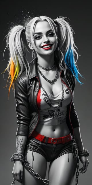 Black and white sketch, realistic, female, Harley Quinn, DC comics, long flowing hair, chains, splashes of neon colors, neon colors