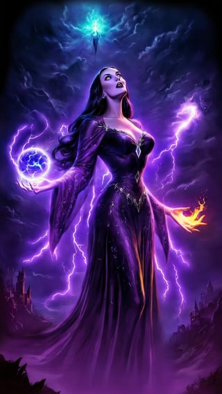 Lily Munster, vampiric look, purple aura, flying, fire, sickle, world, soul, darkness, black, fear, thorny face,darkanime,vintage_p_style, 16k, high definition, HDR, neon colors lightning flash