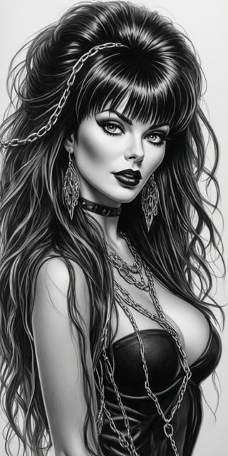 Black and white sketch, realistic, female, Elvira, Mistress of the dark, long flowing hair, chains, splashes of neon colors, neon colors