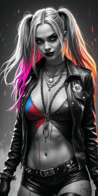 Black and white sketch, realistic, female, Harley Quinn, DC comics, long flowing hair, chains, splashes of neon colors, neon colors