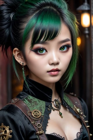 ((top quality)), ((masterpiece)), close portrait of a young gothic chinese girl with a  touch of punky, ((front view,)) With a black velvet unbuttoned shirt, with a rebellious appearance, black shaded eyes, green hair, intricate details, highly detailed light brown eyes, highly detailed mouth, cinematic image, illuminated by soft light,photo of perfecteyes eyes,HZ Steampunk