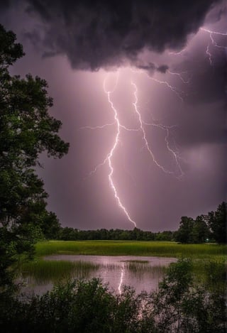 Pond, yes, raining, storm clouds, lighting strike hitting water, trees 