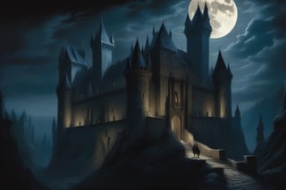 Gothic painting of an ancient castle at night, with a full moon, gargoyles, and shadows