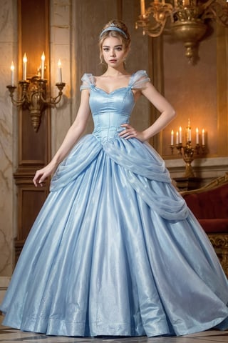 (cinderella blue king dress:1.2), 15 years old, full body:1.1, A european girl in a modern, elegant ball gown, styled with a sleek updo and minimalist jewelry. She should have a confident, regal expression. The background is a luxurious modern palace, with clean lines, high ceilings, and extravagant chandeliers. The photo should be shot in high definition, with a sharp focus on the subject and a soft, blurred background for a captivating portrait,photorealistic