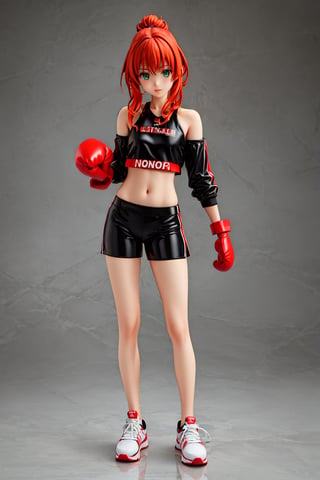 A beautiful nordic girl, with chestnut shoulder-length fiery red hair,a girl,green eyes,perfect body,Black female boxer outfit, white sneakers, yellow boxing gloves,ultra-detailed, full-body_portrait