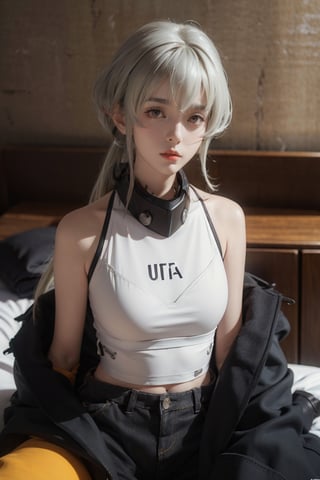 female, ((masterpiece, best quality, ultra detailed, absurdres):1.5),official art, unity 8k wallpaper, ultra detailed, beautiful and aesthetic, masterpiece, best quality, realistic, masterpiece, highres, high quality, indoors, 1girl, solo, noir, bedroom, t-shirt, white t-shirt, shorts, sleeveless, sitting, sitting on a bed, medium body, looking at viewer, low ponytail, ponytail,urban techwear,dream_girl,noir,dreamgirl