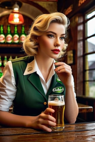 American waitress filling a glass of Carlsberg beer, in a roadside bar, 50s, looking ahead with a lost look, spilling the liquid she made, blonde, detailed hair, period style in clothing, various details in her uniform, lighting side with mysterious atmosphere, very detailed environment, intrinsic details of the environment, vintage style painting with professional strokes and brushstrokes of countless fine and delicate details, very expressive eyes hypnotized with reflections in their iris and cornea, impressive facial details, work of art, masterpiece, realistic comic design, impressive light effects, matte textures, soft colors
