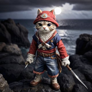 a cute cat pirat one piece outfit wearing a staw hat he is raising his saber and is standing on a cliff and is looking down on an stormy ocean a new dawn is rising on the horizont, high quality photography, 3 point lighting, flash with softbox, 4k, Canon EOS R3, hdr, smooth, sharp focus, high resolution, award winning photo, 80mm, f2.8, bokeh