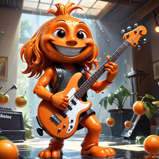 ((masterpiece:1.3,concept art,best quality)), very cute appealing anthropomorphic, playing bass guitar orange, looking at the viewer, big grin, happy, fruit, droplets, macro, sunlight, fantasy art, dynamic composition, dramatic lighting, epic realistic, award winning illustration, more detail XL