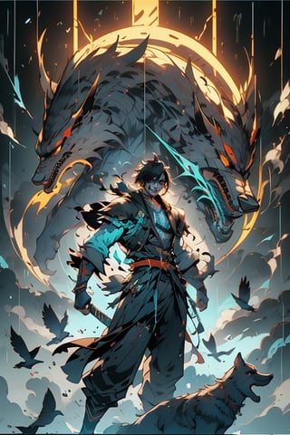 Mongolian warrior boy, 1boy, black hair, wearing a sky blue cloak, , raining, masterpiece, perfect anatomy, slightly muscular, high quality, perfect, in a blue neon japan city, holding a weapon, complex blue wolf_background , crows flying ,Cyberpunk
