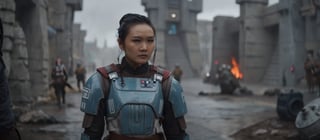 cinematic film (star wars) Image of a mongolian warrior wear traditional sky blue war suit standing in the middle of a street surrounded by concrete tower blocks, raining, close up, filmic, vignette, highly detailed, high budget Hollywood movie, bokeh, cinemascope, moody, epic, gorgeous, film grain, grainy, foggy glow, (passion, fire, red lighting,:1.05), cip4rf

