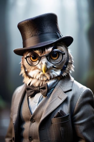 cinematic film still ((BBC Style)) picture of a owl mobster in wildlife, wearing bowler hat and single round glasses, shallow depth of field, vignette, highly detailed, cinematic light