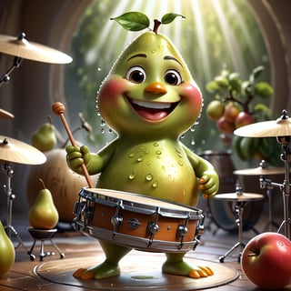 ((masterpiece:1.3,concept art,best quality)), very cute appealing anthropomorphic, playing drums pear, looking at the viewer, big grin, happy, fruit, droplets, macro, sunlight, fantasy art, dynamic composition, dramatic lighting, epic realistic, award winning illustration, more detail XL