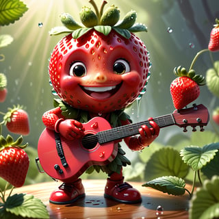 ((masterpiece:1.3,concept art,best quality)), very cute appealing anthropomorphic, playing guitar strawberry, looking at the viewer, big grin, happy, fruit, berry, droplets, macro, sunlight, fantasy art, dynamic composition, dramatic lighting, epic realistic, award winning illustration, more detail XL
