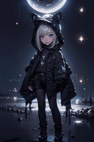 best quality, masterpiece, beautiful and aesthetic, vibrant color, Exquisite details and textures,  Warm tone, ultra realistic illustration,	(cute Nordic girl, 7year old:1.5),	(moonlight theme:1.4),	cute eyes, big eyes,	(a sullen look:1.2),	16K, (HDR:1.4), high contrast, bokeh:1.2, lens flare,	siena natural ratio, children's body, anime style, 	head to toe,	Dark Chocolate Short bob cut with blunt bangs,	wearing a Raccoon hood, shorts, turtleneck,	ultra hd, realistic, vivid colors, highly detailed, UHD drawing, perfect composition, beautiful detailed intricate insanely detailed octane render trending on artstation, 8k artistic photography, photorealistic concept art, soft natural volumetric cinematic perfect light. 