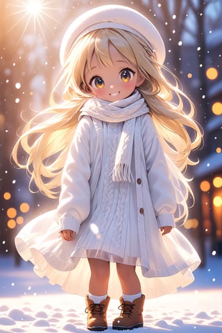 best quality, masterpiece, beautiful and aesthetic, vibrant color, Exquisite details and textures,  Warm tone, ultra realistic illustration,	(cute Latino girl, 5year old:1.5),	(snow theme:1.4),	cute eyes, big eyes,	(a big smile:1.2),	16K, (HDR:1.4), high contrast, bokeh:1.2, lens flare,	siena natural ratio, children's body, anime style, 	head to toe,	very long Straight blonde hair with blunt bangs,	a white knitted dress a scarf and a beret, winter boots, 	ultra hd, realistic, vivid colors, highly detailed, UHD drawing, perfect composition, beautiful detailed intricate insanely detailed octane render trending on artstation, 8k artistic photography, photorealistic concept art, soft natural volumetric cinematic perfect light. 