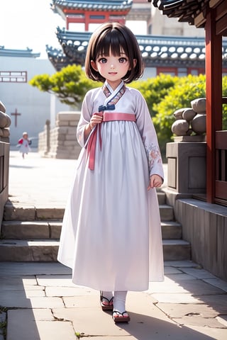 best quality, masterpiece, beautiful and aesthetic, vibrant color, Exquisite details and textures,  Warm tone, ultra realistic illustration,	(cute European girl, 6year old:1.5),	(ancient korea theme:1.4),	cute eyes, big eyes,	(a beautiful smile:1.1),	16K, (HDR:1.4), high contrast, bokeh:1.2, lens flare,	siena natural ratio, children's body, anime style, 	head to toe,	long Straight black hair with blunt bangs,	a white and pink hanbok, ultra hd, realistic, vivid colors, highly detailed, UHD drawing, perfect composition, beautiful detailed intricate insanely detailed octane render trending on artstation, 8k artistic photography, photorealistic concept art, soft natural volumetric cinematic perfect light. ,hanbok