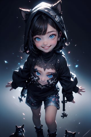 best quality, masterpiece, beautiful and aesthetic, vibrant color, Exquisite details and textures,  Warm tone, ultra realistic illustration,	(cute European baby girl, 4year old:1.5),	(night theme:1.4),	cute eyes, big eyes,	(a smile on one's face:1.8),	cinematic lighting, ambient lighting, sidelighting, cinematic shot,	siena natural ratio, children's body, anime style, 	head to thigh portrait,	very long Straight dark brown hair with blunt bangs,	wearing a cat hood, shorts, white turtleneck,	ultra hd, realistic, vivid colors, highly detailed, UHD drawing, perfect composition, beautiful detailed intricate insanely detailed octane render trending on artstation, 8k artistic photography, photorealistic concept art, soft natural volumetric cinematic perfect light. 