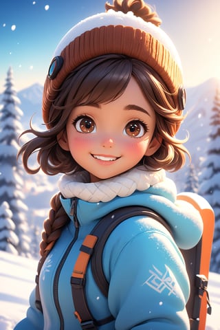 best quality, masterpiece, beautiful and aesthetic, vibrant color, Exquisite details and textures,  Warm tone, ultra realistic illustration,	(cute Latino girl, 9year old:1.5),	(snow theme:1.4), 	cute eyes, big eyes,	(a smile on one's face:1.2),	16K, (HDR:1.4), high contrast, bokeh:1.2, lens flare,	siena natural ratio, children's body, anime style, 	half body view,	dark brown bun hair,	a beanie, snowboarding wear, ski slope, Snowboarding, 	ultra hd, realistic, vivid colors, highly detailed, UHD drawing, perfect composition, beautiful detailed intricate insanely detailed octane render trending on artstation, 8k artistic photography, photorealistic concept art, soft natural volumetric cinematic perfect light. 