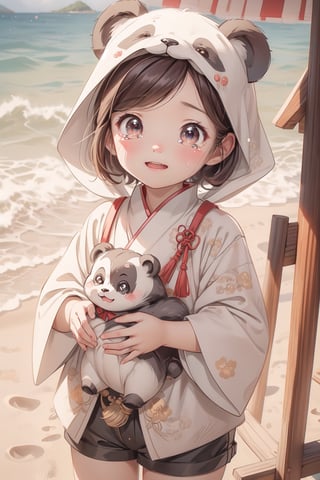 best quality, masterpiece, beautiful and aesthetic, vibrant color, Exquisite details and textures,  Warm tone, ultra realistic illustration,	(cute asian girl, 7year old:1.5),	(Beach theme:1.4), With my friends,	cute eyes, big eyes,	(a crying face:1.1),	16K, (HDR:1.4), high contrast, bokeh:1.2, lens flare,	siena natural ratio, children's body, anime style, 	low angle view,	Dark blonde Short bob cut,	a Panda hood, holding a doll, shorts, white turtleneck,	ultra hd, realistic, vivid colors, highly detailed, UHD drawing, perfect composition, beautiful detailed intricate insanely detailed octane render trending on artstation, 8k artistic photography, photorealistic concept art, soft natural volumetric cinematic perfect light. 