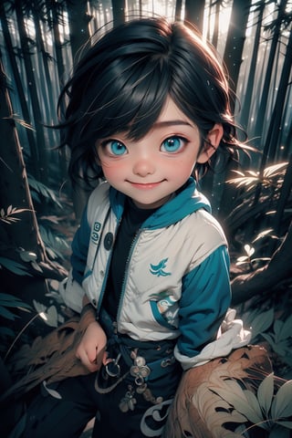 best quality, masterpiece, beautiful and aesthetic, vibrant color, Exquisite details and textures,  Warm tone, ultra realistic illustration,	(cute asian Boy, 6year old:1.5),	(Forest theme:1.4),	cute eyes, big eyes,	(a beautiful smile:1.3),	16K, (HDR:1.4), high contrast, bokeh:1.2, lens flare,	siena natural ratio, children's body, anime style, 	a picture from a high angle, a view from above,	long Wave gray hair,	a white and blue tracksuit,	ultra hd, realistic, vivid colors, highly detailed, UHD drawing, perfect composition, beautiful detailed intricate insanely detailed octane render trending on artstation, 8k artistic photography, photorealistic concept art, soft natural volumetric cinematic perfect light.