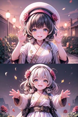 best quality, masterpiece, beautiful and aesthetic, vibrant color, Exquisite details and textures,  Warm tone, ultra realistic illustration,	(cute asian girl, 7year old:1.5),	(rose garden theme:1.4), fluttering petals,	cute eyes, big eyes,	(a big smile:1.5),	cinematic lighting, ambient lighting, sidelighting, cinematic shot,	siena natural ratio, children's body, anime style, 	(random view:1.4), (random poses:1.4), 	long Wave blonde hair,	a wearing a beautiful white outfit and furry white hat,	ultra hd, realistic, vivid colors, highly detailed, UHD drawing, perfect composition, beautiful detailed intricate insanely detailed octane render trending on artstation, 8k artistic photography, photorealistic concept art, soft natural volumetric cinematic perfect light. 