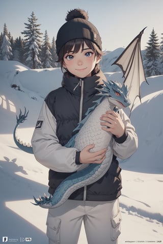 best quality, masterpiece, beautiful and aesthetic, vibrant color, Exquisite details and textures,  Warm tone, ultra realistic illustration,	(cute Latino Boy, 10year old:1.5),	(snow theme:1.4),	(holding a dragon doll:1.4), (a fancy dragon decoration:1.6),	cute eyes, big eyes,	(a beautiful smile:1.3),	16K, (HDR:1.4), high contrast, bokeh:1.2, lens flare,	siena natural ratio, children's body, anime style, 	Full length view,	medium length layered bob cut with blunt bangs,	a beanie, snowboarding wear, ski slope, Snowboarding, 	ultra hd, realistic, vivid colors, highly detailed, UHD drawing, perfect composition, beautiful detailed intricate insanely detailed octane render trending on artstation, 8k artistic photography, photorealistic concept art, soft natural volumetric cinematic perfect light. 