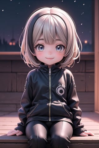 best quality, masterpiece, beautiful and aesthetic, vibrant color, Exquisite details and textures,  Warm tone, ultra realistic illustration,	(cute asian girl, 5year old:1.5),	(night theme:1.4),	cute eyes, big eyes,	(a big smile:1.2),	cinematic lighting, ambient lighting, sidelighting, cinematic shot,	siena natural ratio, children's body, anime style, 	head to thigh portrait,	Short Wave blonde hair,	latex pants, cute t-shirt, and black jacket,	ultra hd, realistic, vivid colors, highly detailed, UHD drawing, perfect composition, beautiful detailed intricate insanely detailed octane render trending on artstation, 8k artistic photography, photorealistic concept art, soft natural volumetric cinematic perfect light. 