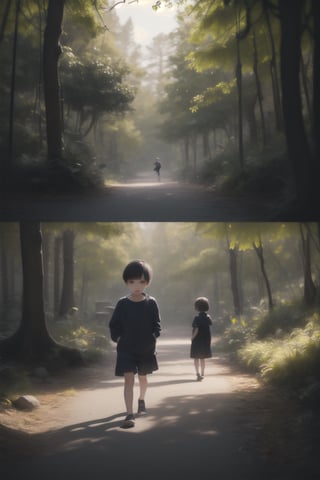 best quality, masterpiece, beautiful and aesthetic, vibrant color, Exquisite details and textures,  Warm tone, ultra realistic illustration,	(cute asian Boy, 8year old:1.5),	(Forest theme:1.4),	cute eyes, big eyes,	16K, (HDR:1.4), high contrast, bokeh:1.2, lens flare,	siena natural ratio, children's body, anime style, 	random angles, random poses, 	long Straight dark brown hair with blunt bangs,	black dress with tiny gold lines,	ultra hd, realistic, vivid colors, highly detailed, UHD drawing, perfect composition, beautiful detailed intricate insanely detailed octane render trending on artstation, 8k artistic photography, photorealistic concept art, soft natural volumetric cinematic perfect light.