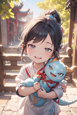 best quality, masterpiece, beautiful and aesthetic, vibrant color, Exquisite details and textures,  Warm tone, ultra realistic illustration,	(cute asian girl, 6year old:1.5),	(birthday party theme:1.4),	(holding a cute dragon doll:1.4),	cute eyes, big eyes,	(a beautiful smile:1.8),	16K, (HDR:1.4), high contrast, bokeh:1.2, lens flare,	siena natural ratio, children's body, anime style, 	head to toe,	Light Brown ponytail hairstyle,	wearing a cute Sailor suit,	ultra hd, realistic, vivid colors, highly detailed, UHD drawing, perfect composition, beautiful detailed intricate insanely detailed octane render trending on artstation, 8k artistic photography, photorealistic concept art, soft natural volumetric cinematic perfect light. 