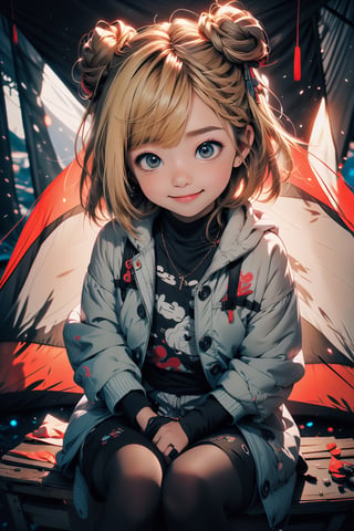 best quality, masterpiece, beautiful and aesthetic, vibrant color, Exquisite details and textures,  Warm tone, ultra realistic illustration,	(cute asian girl, 10year old:1.5),	(Camping theme:1.4), camping with my dog,	cute eyes, big eyes,	(a beautiful smile:1.3),	cinematic lighting, ambient lighting, sidelighting, cinematic shot,	siena natural ratio, children's body, anime style, 	head to thigh portrait,	blonde bun hair,	a white wool coat,	ultra hd, realistic, vivid colors, highly detailed, UHD drawing, perfect composition, beautiful detailed intricate insanely detailed octane render trending on artstation, 8k artistic photography, photorealistic concept art, soft natural volumetric cinematic perfect light.