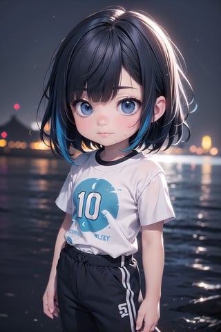 best quality, masterpiece, beautiful and aesthetic, vibrant color, Exquisite details and textures,  Warm tone, ultra realistic illustration,	(cute asian girl, 10year old:1.5),	(Selfie theme:1.3),	cute eyes, big eyes,	(a curious look:1.2),	16K, (HDR:1.4), high contrast, bokeh:1.2, lens flare,	siena natural ratio, children's body, anime style, 	head to thigh portrait,	long Straight black hair with blunt bangs,	wearing a white and blue T-shirt, white and blue PUMA sweatpants,	ultra hd, realistic, vivid colors, highly detailed, UHD drawing, perfect composition, beautiful detailed intricate insanely detailed octane render trending on artstation, 8k artistic photography, photorealistic concept art, soft natural volumetric cinematic perfect light. 