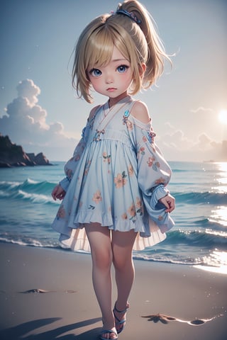 best quality, masterpiece, beautiful and aesthetic, vibrant color, Exquisite details and textures,  Warm tone, ultra realistic illustration,	(cute asian girl, 8year old:1.5),	(Beach theme:1.4),	cute eyes, big eyes,	(a sullen look:1.2),	16K, (HDR:1.4), high contrast, bokeh:1.2, lens flare,	siena natural ratio, children's body, anime style, 	head to toe,	blonde ponytail hairstyle,	gossamer floral mango-colored dress,	ultra hd, realistic, vivid colors, highly detailed, UHD drawing, perfect composition, beautiful detailed intricate insanely detailed octane render trending on artstation, 8k artistic photography, photorealistic concept art, soft natural volumetric cinematic perfect light.