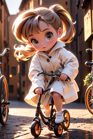 best quality, masterpiece, beautiful and aesthetic, vibrant color, Exquisite details and textures,  Warm tone, ultra realistic illustration,	(cute European girl, 5year old:1.5),	(cycle theme:1.4), a baby bicycle,	cute eyes, big eyes,	(a sullen look:1.4),	cinematic lighting, ambient lighting, sidelighting, cinematic shot,	siena natural ratio, children's body, anime style, 	random angles, random poses, 	Light Brown ponytail hairstyle,	a white wool coat,	ultra hd, realistic, vivid colors, highly detailed, UHD drawing, perfect composition, beautiful detailed intricate insanely detailed octane render trending on artstation, 8k artistic photography, photorealistic concept art, soft natural volumetric cinematic perfect light. 