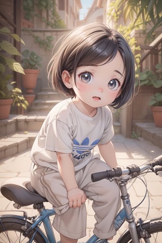 best quality, masterpiece, beautiful and aesthetic, vibrant color, Exquisite details and textures,  Warm tone, ultra realistic illustration,	(cute Latino baby Boy, 4year old:1.5),	(cycle theme:1.4), a baby bicycle,	cute eyes, big eyes,	(a curious look:1.4),	cinematic lighting, ambient lighting, sidelighting, cinematic shot,	siena natural ratio, children's body, anime style, 	head to toe,	Short Blunt Cut Bob haircut,	wearing a white T-shirt, white Adidas sweatpants,	ultra hd, realistic, vivid colors, highly detailed, UHD drawing, perfect composition, beautiful detailed intricate insanely detailed octane render trending on artstation, 8k artistic photography, photorealistic concept art, soft natural volumetric cinematic perfect light. 