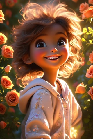 best quality, masterpiece, beautiful and aesthetic, vibrant color, Exquisite details and textures,  Warm tone, ultra realistic illustration,	(cute Latino girl, 7year old:1.5),(rose garden theme:1.4), fluttering petals,	cute eyes, big eyes,	(a smile on one's face:1.5),	16K, (HDR:1.4), high contrast, bokeh:1.2, lens flare,	siena natural ratio, children's body, anime style, 	(random view:1.4), (random poses:1.4), 	Dark blonde Short bob cut,	wearing a hoodie, white pants,	ultra hd, realistic, vivid colors, highly detailed, UHD drawing, perfect composition, beautiful detailed intricate insanely detailed octane render trending on artstation, 8k artistic photography, photorealistic concept art, soft natural volumetric cinematic perfect light. 